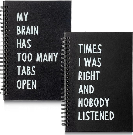 GioXtra Funny Office Notebook - 2Pcs MY BRAIN and TIMES Humorous Work Quote A5 Spiral Notebook Black Hardcover Diary Notepad Office Coworker White Elephant Gift College Student Gag Gift Birthday Favor