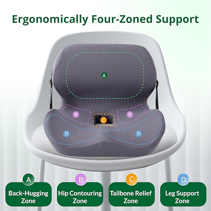 One-Piece Memory Foam Seat & Back Cushion - Lumbar Support, Adjustable Strap, Non-Slip Bottom - Breathable Removable Cover for Office Chair, Car, Truck (Grey)