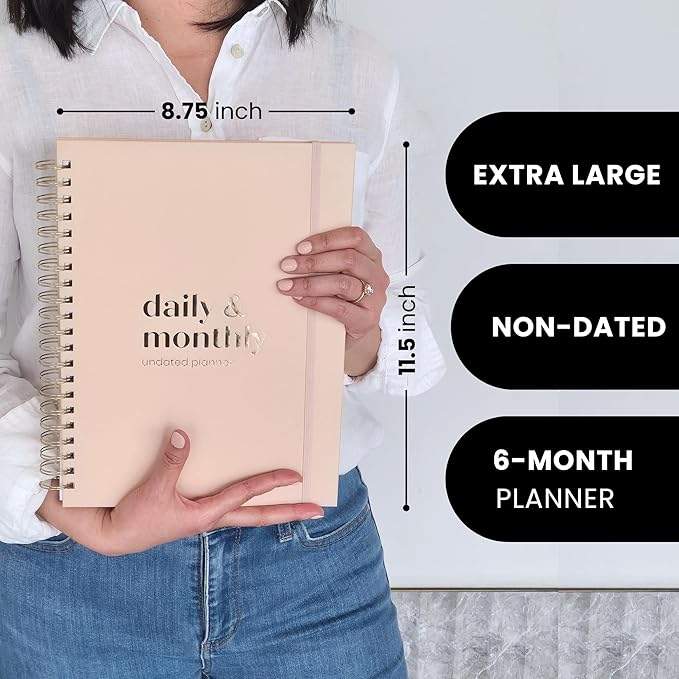 Large Daily Planner with Hourly Schedule, 8.5" x 11" Undated 6-Month Planner for Productivity, Full Page a Day, 2025-2026 Calendar, To Do List, Time Blocking, Beige Aesthetic Hardcover Spiral Notebook
