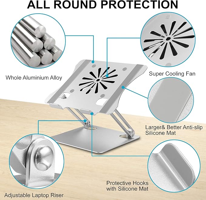 Adjustable Laptop Stand with Cooling Fan, Aluminium Alloy Multi-Angle Computer Holder for Desk, Portable Notebook Metal Mount Compatible with MacBook, Air, Pro, Dell, Alienware All Laptops 11"-17.3"