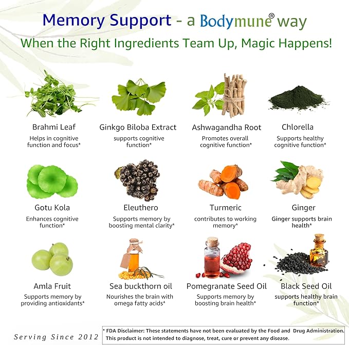 MemorySupport Brain Health Formula | Supports Mental Clarity, Recall & Concentration* | USDA Organic Nootropic Blend with Ginkgo Biloba & Ashwagandha | 60 Vegan Caps | Made in USA