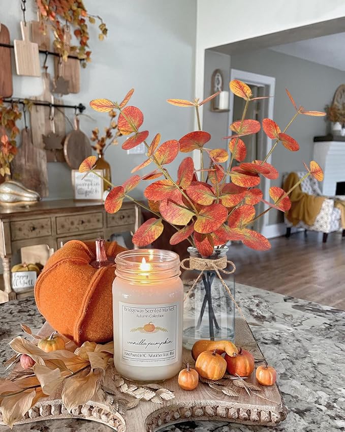 Fall Artificial Eucalyptus Stems in Glass Vase with Faux Water 14" Autumn Eucalyptus Branches Fall Home Table Decor Fake Fall Plants Stems for Farmhouse Kitchen Bathroom Decorations