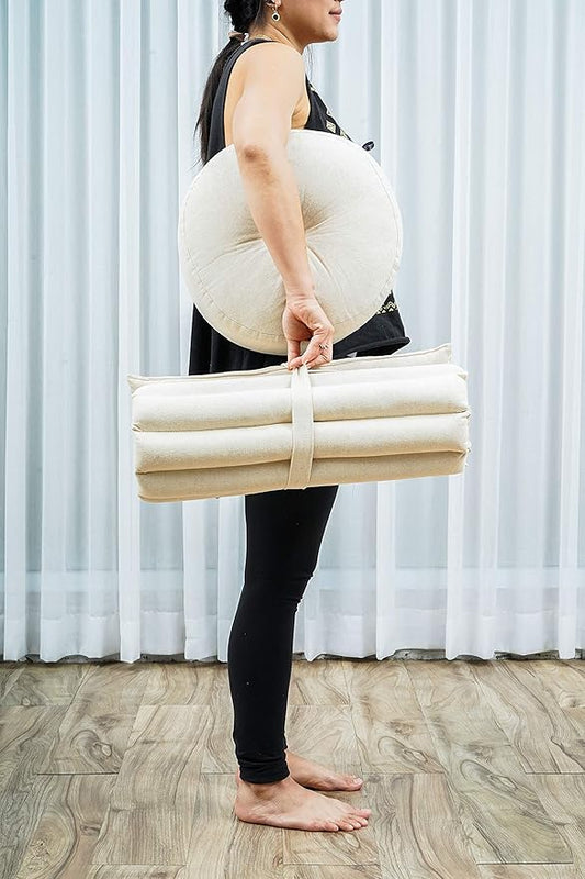 Leewadee Meditation Cushion Set – 1 Small Zafu Yoga Pillow and 1 Small Roll-Up Zabuton Mat Filled with Kapok