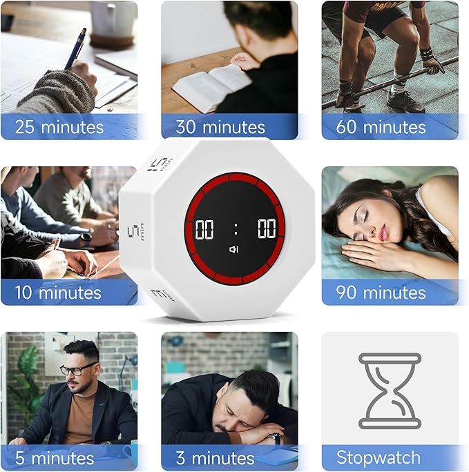 Visual Countdown Timer 1,3,5,15,30,60,90 Minutes Preset, Desk Productivity Cube w/Gravity Sensor for ADHD, Mute Functions, Ideal for Work, Study, Kitchen, Back to School (1, White)