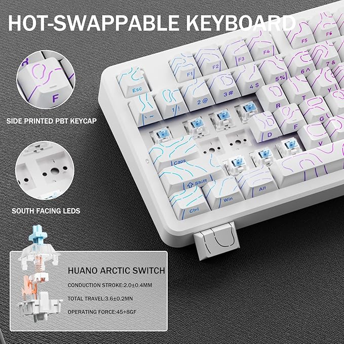 EWEADN X87 Wireless Mechanical Keyboard ASMR, 10000 mAh Battery, 75% Keyboard with Huano Arctic Switch BT5.0/2.4GHz/USB-C Topographic Keycaps Hot Swappable Custom Keyboards, Gasket Structure-White