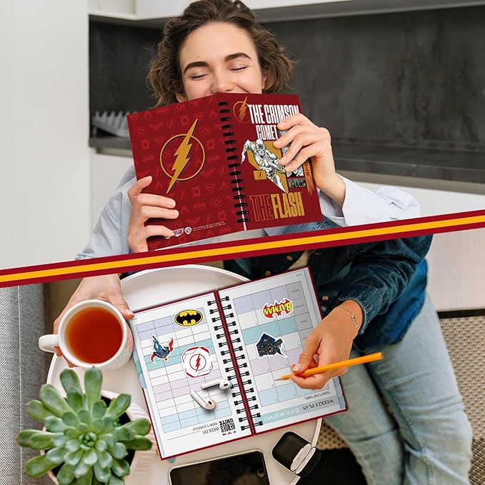 Hardcover Spiral Notebook Journal with 12 Dividers Tabs Weekly & Monthly Planner Productivity Journal Superhero Theme Leather Organizer for Work School Adults Teens and Professionals (FLA-RED)