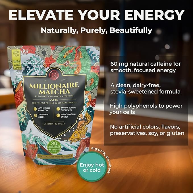 Millionaire Matcha – Latte Powder for Focus & Mitochondrial Energy – Ceremonial Grade | Keto | Dairy-Free – 30 Servings