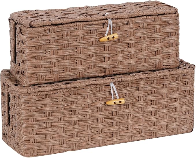 Temary Cable Management Box with Lids, 2-Pack Handmade Cable Organizer Boxes for Home, Office to Hide Cords and Power Strip, Cord Cover Floor Hider Set Woven Rattan Cable Organizer Box (Brown)