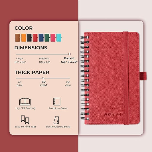 Planner 2025-2026 Daily Weekly and Monthly,6.5"x3.75",18 Months Spiral Bound Calendar Agenda with Self-adhesive Pen Holder,2026 Academic Plan with Vegan Leather Soft Cover,Red