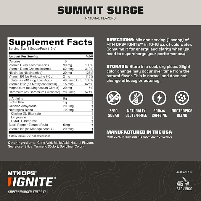 MTN OPS Ignite Trail Packs Energy Drink Powder, Gluten Free Nootropic Supplement Drink Mix, L Arginine, L Citrulline, Caffeine & Nootropic Sugar Free Drink Mix, 20 Servings, Hush Summit Surge