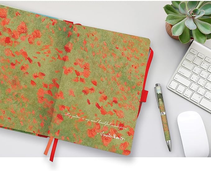 RainCaper Vegan Leather Journal Notebook, 160 Dot-Grid Pages, 5.7 inches x 8 inches, Journal - Monet Poppy Field