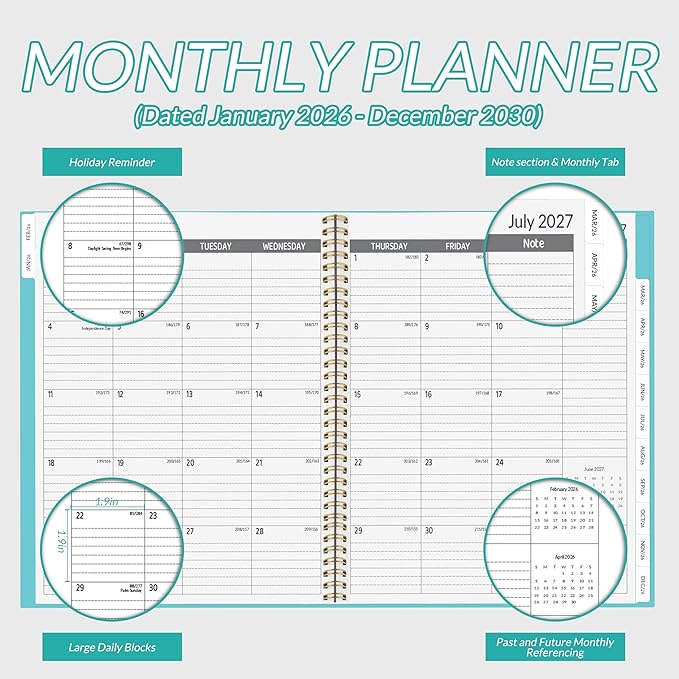 2026-2030 Monthly Planner, 5 Year Monthly Planner/Calendar 2026-2030, 60-Month Jan 2026 – Dec 2030, 9" x 11", Tabs, Double-Side Pocket, Holidays, Thick Paper - Green