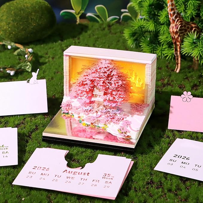 3D Timepiece Calendar 2026 Paper Art Memo Pad with LED Light – Tear-Away Desk Calendar for Record, Planner & Habit Tracker, Bookmark, Gift & Decorative Office Decor