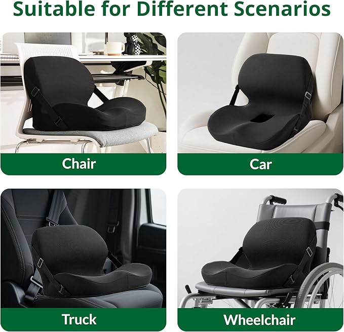 Memory Foam L-Shaped Seat Cushion with Lumbar Support & Adjustable Strap - Tailbone Pain Relief for Office Chair, Car, Home - Non-Slip Bottom, Breathable Mesh Cover (Black)