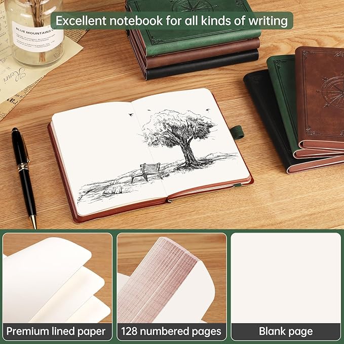 AHGXG Small Blank Pocket Journal Notebook for Men - 256 Numbered Pages B6 Mini Journal, Vintage Soft Leather Hardcover, 80gsm Paper, for Women Work Office School, 4.1'' X 5.7''- Dark Green