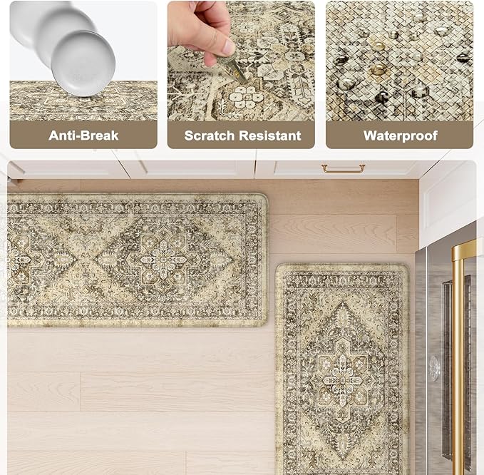 KIMODE Anti Fatigue Kitchen Mat, Boho Distressed Kitchen Rugs Sets of 2, Kitchen Floor Mats Non Slip Cushioned, Waterproof Standing Mat for Laundry, Office, Sink, Desk, Brown 17"x47"+17"x29"