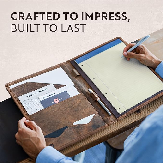 Moonster Leather Portfolio Professional Organizer Padfolio – Resume Folder with Luxury Pen - Leather Binder Portfolio Writing Pad with Business Card Holder - Portfolio Folder for Men & Women
