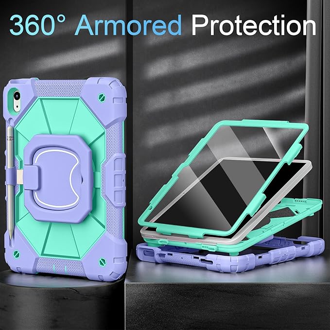 Case for iPad (A16) 11th/10th Generation 2025/2022,Kids Friendly iPad Case 10th Generation with Rotating Stand Screen Protector,Shockproof Cover for i Pad 11.0/10.9 Inch C ase,Purple Green