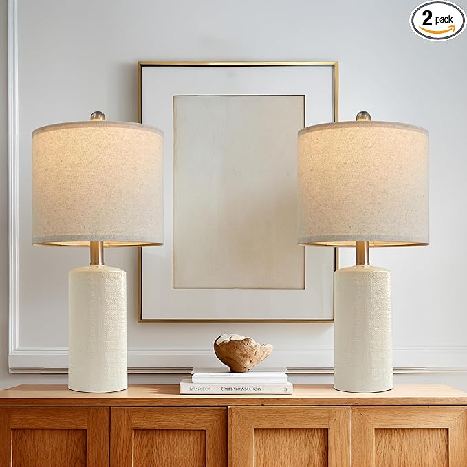 20.25/inch Modern Ceramic Table lamp Set of 2 Small Farmhouse Bedside lamp Creamy-White Nightstand Lamp End Table Lamps for Living Room Bedroom Study Office AMZ-T1109WH0
