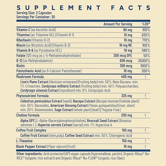 Brain-fx™ B Vitamins & Herbs for Memory and Focus, Nootropic Supplement, Methylated B Complex Choline Bacopa Lions Mane Cordyceps Mushroom Coffee Fruit Extract Alpha GPC L Theanine Huperzine A - 60ct
