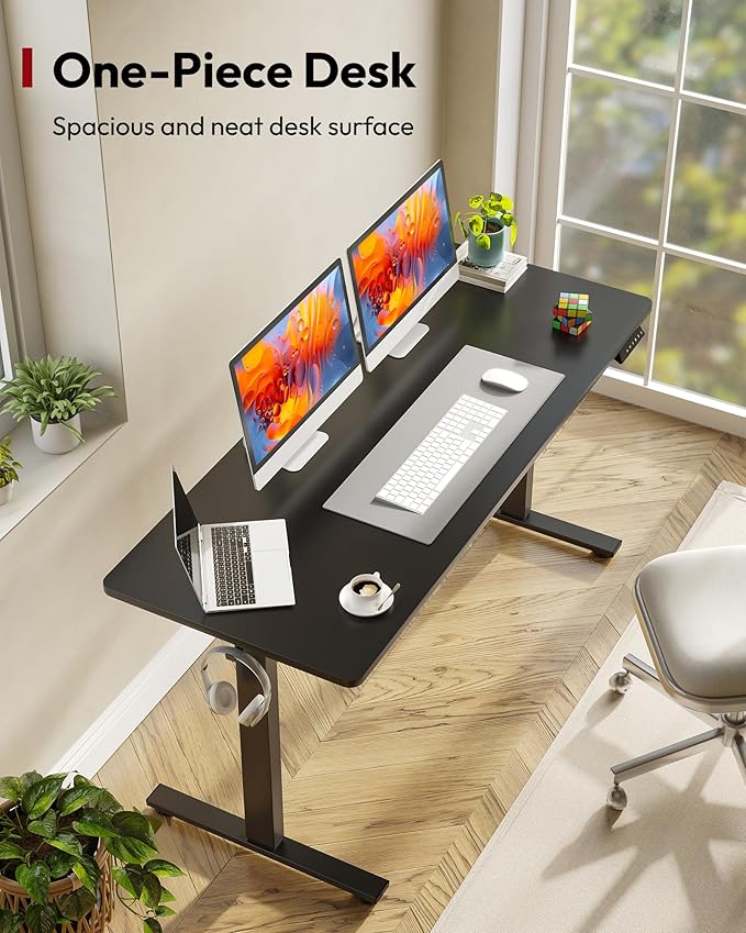 SANODESK Electric Standing Desk 60 x 24 Inches Whole-Piece Desktop Height Adjustable Stand Up Desk w/6-Button Controller Ergonomic Computer Desk for Home Office, Black Frame + Black Tabletop