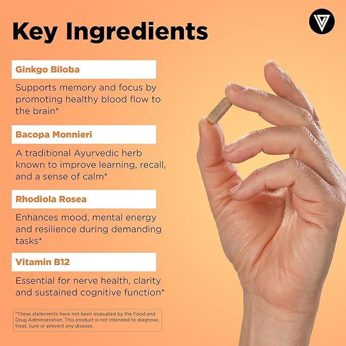 Vital Vitamins Brain Supplements for Memory and Focus (3 Pack) – Nootropic Brain Booster with Ginkgo Biloba, Rhodiola, B12 – Caffeine-Free Support for Adults & Seniors – 90-Day Supply
