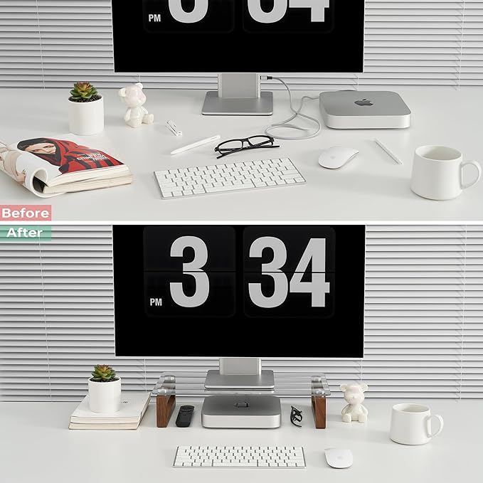 YEOUX Multi-Purpose Desktop Stand, Clear Floating Computer Monitor Riser with Natural Wood Base, Desk Organization Shelf for Printer, Laptop, Audio Device, Flat Screen