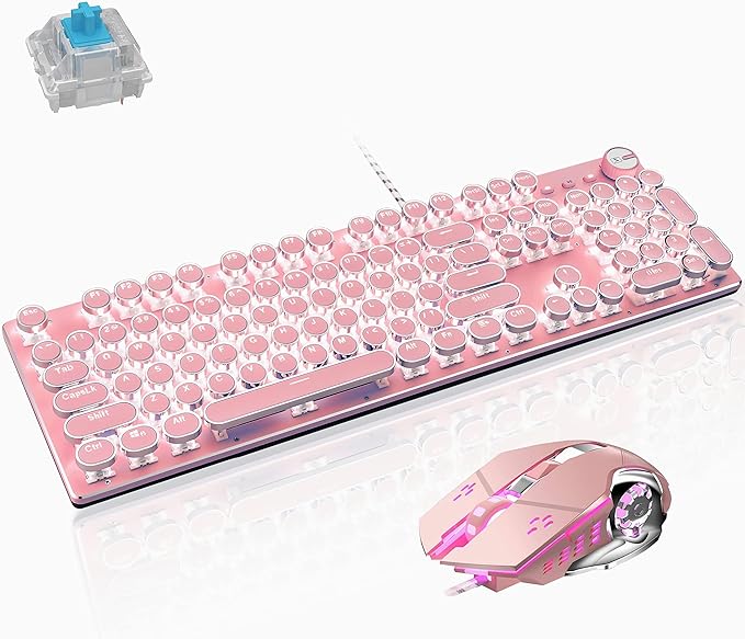 Basaltech Mechanical Gaming Keyboard and Mouse Combo, Retro Steampunk Vintage Typewriter-Style Keyboard with LED Backlit, 104-Key Anti-Ghosting Blue Switch Wired USB Metal Panel Round Keycaps, Pink