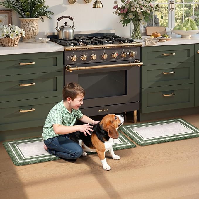 KIMODE Kitchen Mats Cushioned Anti Fatigue, Farmhouse Christmas Kitchen Rugs Sets of 2, Non Slip Kitchen Mats for Floor, Comfort Kitchen Floor Mats for Sink Laundry Desk 17"x47"+17"x29" Green