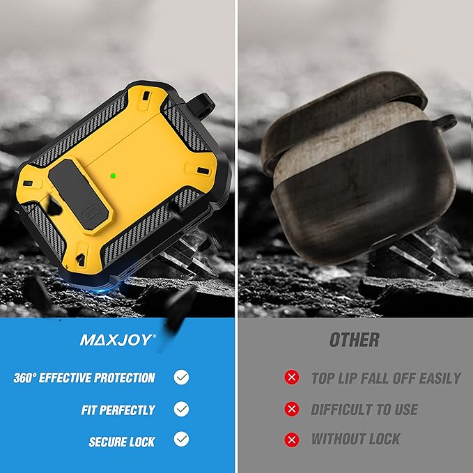 Maxjoy AirPods Pro 2nd/1st Generation Case Cover with Lock, AirPods Pro 2 Protective Case with Keychain Compatible with Apple AirPod Pro2 2023 USB C Cable 2022 Lightning Cable/ Pro1 2019, Yellow