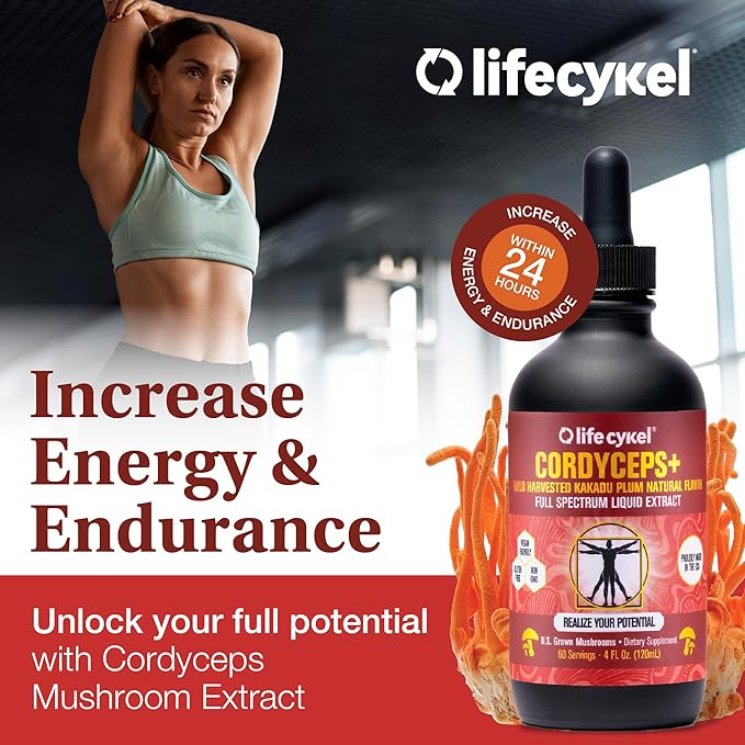 Lifecykel Cordyceps Mushroom Extract with Kakadu Plum - Energy, Stamina & Vitality Support, Natural Aging Supplement - Non-GMO and Vegan Tincture - 1Fl Oz