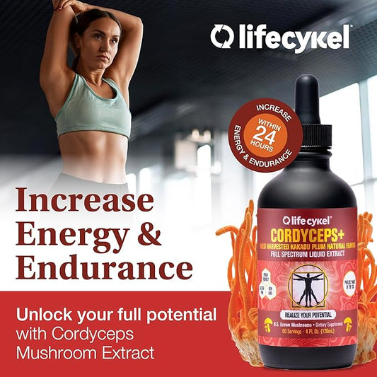 Lifecykel Cordyceps Mushroom Extract w/Kakadu Plum- Natural Energy Supplement for Fatigue & Stamina- Mycelium Vitamin C Antioxidants Non-GMO Organic Mushrooms Made in US, 2 Fl oz (Packaging May Vary)