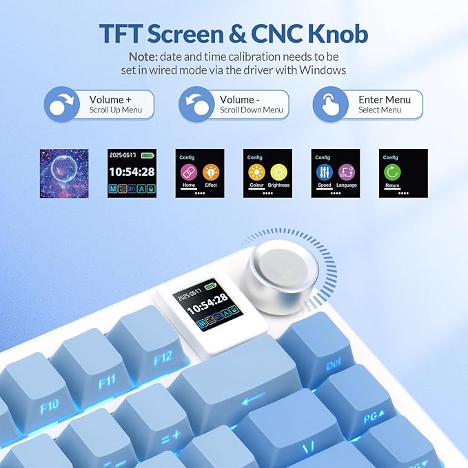 Rii RK805 Wireless Creamy Mechanical Keyboard with TFT Screen and Knob,75% Gasket-Mounted Gaming Keyboard with RGB Backlight,Tri-Mode BT/2.4G/USB-C,Hot Swappable,for Windows/Mac/Linux(Blue Gradient)