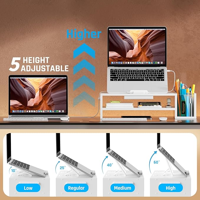 Adjustable Wood Laptop Stand, Ergonomic Height & Angle Stand with Pen Holder – Compatible with MacBook Air/Pro, Dell, HP, Lenovo & 10-17.3" Laptops – White