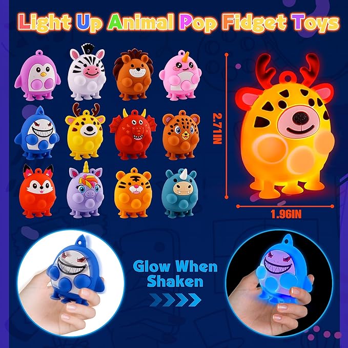 12 PCS Light Up Animal Suction Pop Fidget Toys, Glow Party Favors for Kids Goodie Bags Stuffers, Pinata Stuffers, Carnival Prizes, Light Up Toddler Toys, Kids Prizes