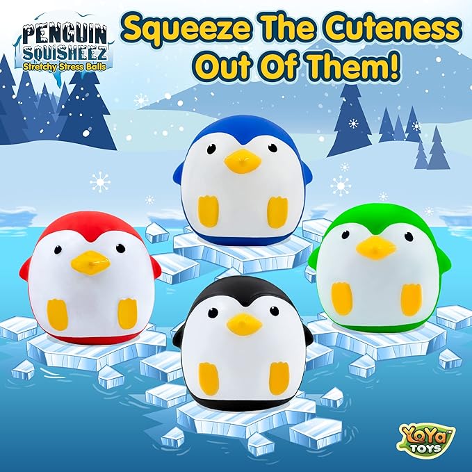 YoYa Toys Penguin Squisheez Squishy Stress Relief Balls (Set of 4) | Stretchy Fidget Animal Shaped Toys for Boys, Girls & Adults | Stretch Penguin Squeeze Toy | Great for ADHD, Autism, Anxiety