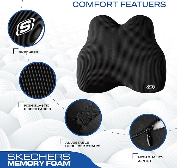 Skechers Memory Foam Lumbar Pillow,Lumbar Support Pillow for Office, Chair Lower Back Pain Relief Lumbar Pillow, Ergonomic Design Back Support Pillow for Office Chair, Car, Home, Travel,Black