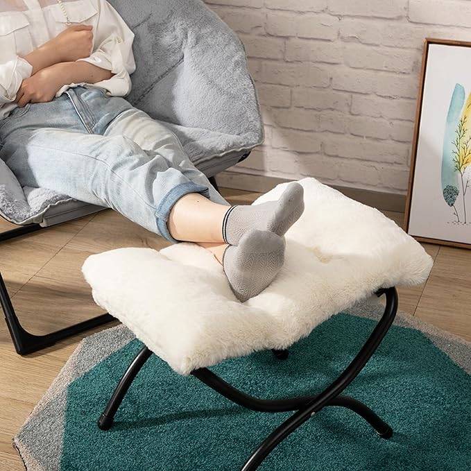 HollyHOME 15"(H) Folding Footrest Stool, Upholstered Small Foldable Ottoman, Accent Padded Sofa Foot Stool for Lazy Chair, Metal Frame Portable Foot Rest Ottoman for Home, Living Room, Bedroom, Beige