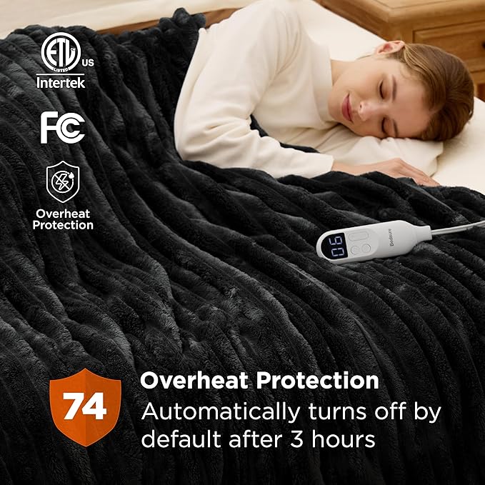 Bedsure Electric Blanket Twin - Thick Striped Flannel Electric Blanket, Heating with 10 Time Settings, 6 Heat Settings, and 8-Hour Timer Auto Shut Off, Gifts for Grandma (62x84 inches, Black)