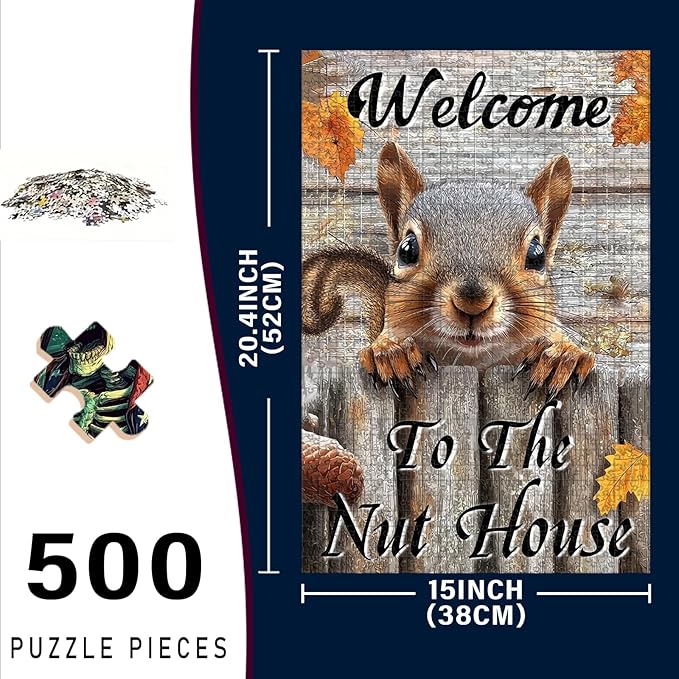500 Piece Difficult Wooden Squirrel Jigsaw Puzzle for Adults Kids Educational Family Activity Stress Relieving Quiet Play 20.4x15 Inch
