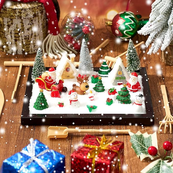 Soulchen Zen Garden Kit for Desk Decor Zen Sand Garden Box Set with Black Wooden Tray, Blue Sand, Tools & Accessories Japanese Gifts for Desktop Meditation Room Office Home (Christmas)