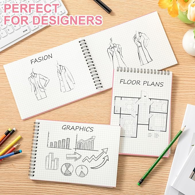 2 Pack Graph Paper Spiral Notepad A5 Top Wirebound Notepad Grid Notebook Steno Pads Memo Notebook Grid Paper 140 Pages for Writing Sketching Drawing Office Supplies (Pink)