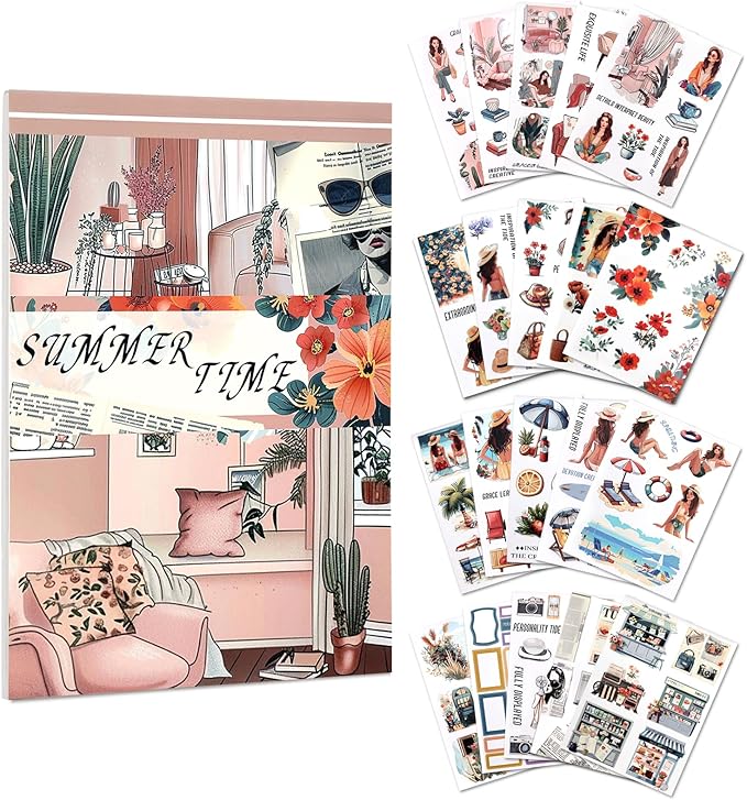 AVECMOI Summer Vacation Stickers for Women, PET & Paper Holiday Sticker Book with 203 Images for Travel Journal, Planner, Scrapbooking, Themed Album, A5