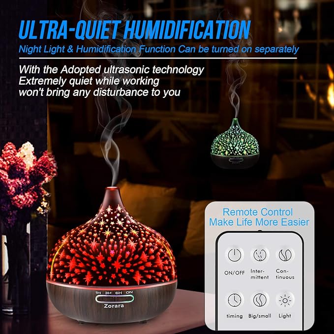 Essential Oil Diffuser 550ml Cool Mist Humidifier 3D Glass Ultrasonic Aromatherapy Humidifier with 7 Color Changing Led Lights, Waterless Auto Shut-Off, Adjustable Timer, Remote Control, Star