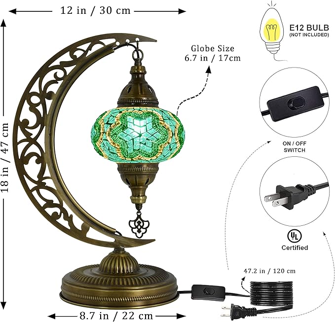 mozaist Turkish Stained Glass Luna Shape Table Lamp, Moroccan Crescent Tiffany Style Handmade Desk Light, Rustic Moon Living Room, Mosaic Lampshade Office Decorative Dim Lighting (Emerald Green)