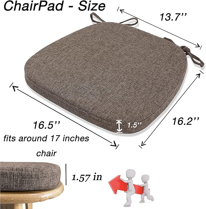 Chair Cushion with Ties for Dining Chairs - Memory Foam Non Slip Kitchen Chair Pad and Dining Seat Cushion with Machine Washable Cover Set of 4 [16.5 x 16.2 Inches] - Brown