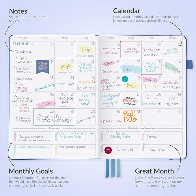 GoGirl Planner PRO - Undated Horizontal Layout Weekly Planner and Organizer + Budgeting and Expense Tracking Pages, Goals Journal & Agenda, 7" x 10" Hardcover, Lasts 1 Year - Blue