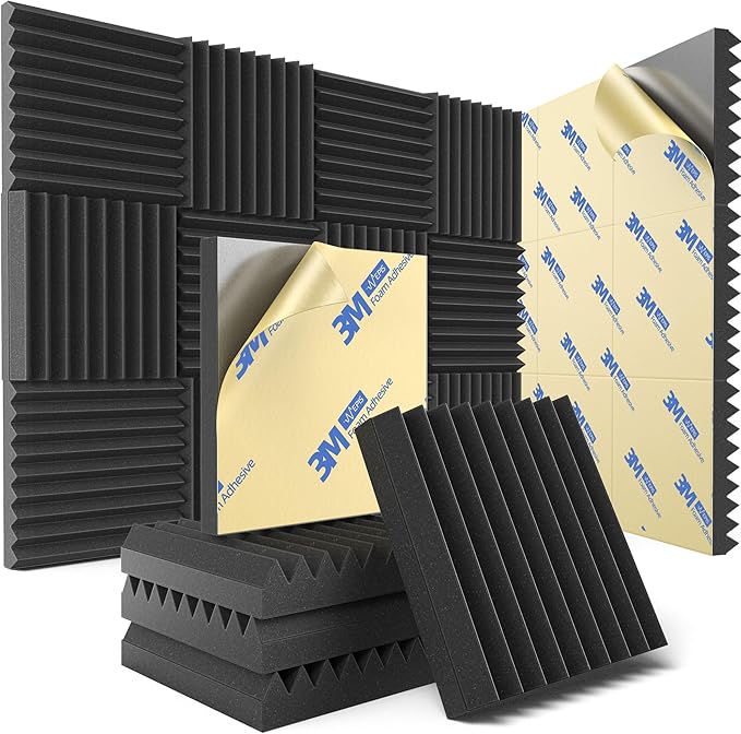 12 Pack Sound Proof Foam Panels for Wall with Self Adhesive, 2" X 12" X 12" High Density Acoustic Panels Sound Absorbing Quick-Recovery, Wedges Soundproof Wall Panels for Gaming & Studio Decor - Black