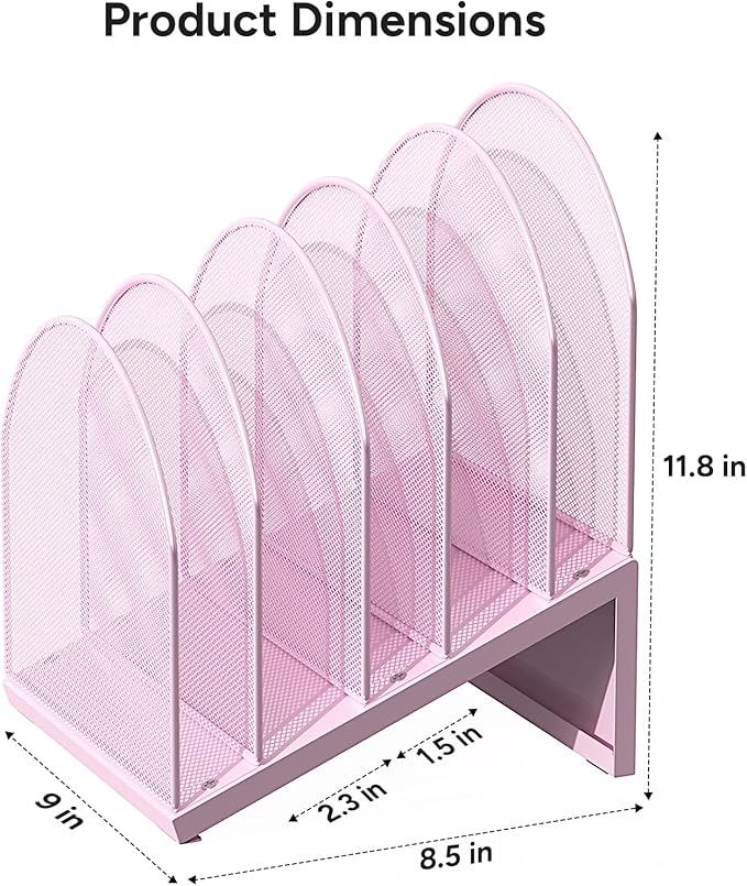 5-Section Desk File Organizer, Metal Mesh Folder Organizer for Documents, Mail & Office Papers (Pink)