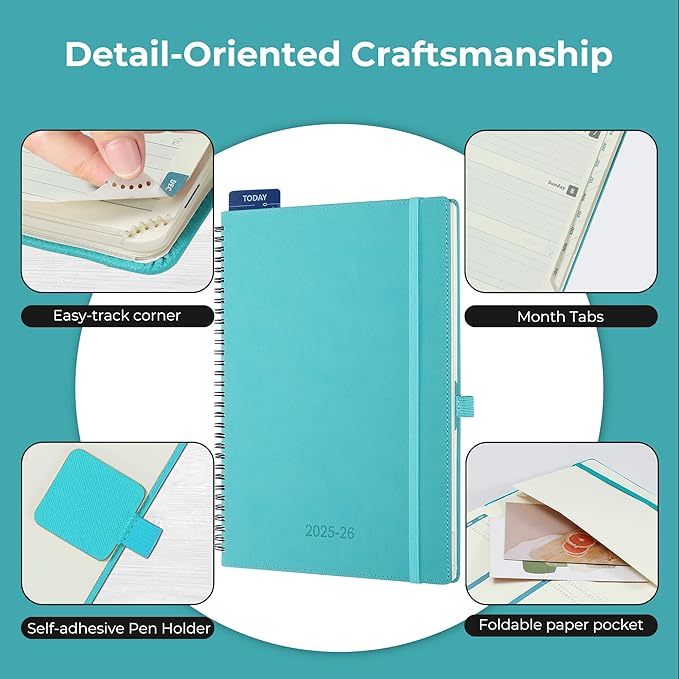 Planner 2025-2026 Daily Weekly and Monthly,11.5"x8.5",18 Months Spiral Bound Calendar Agenda with Self-adhesive Pen Holder,2026 Academic Plan with Vegan Leather Soft Cover,Light Blue